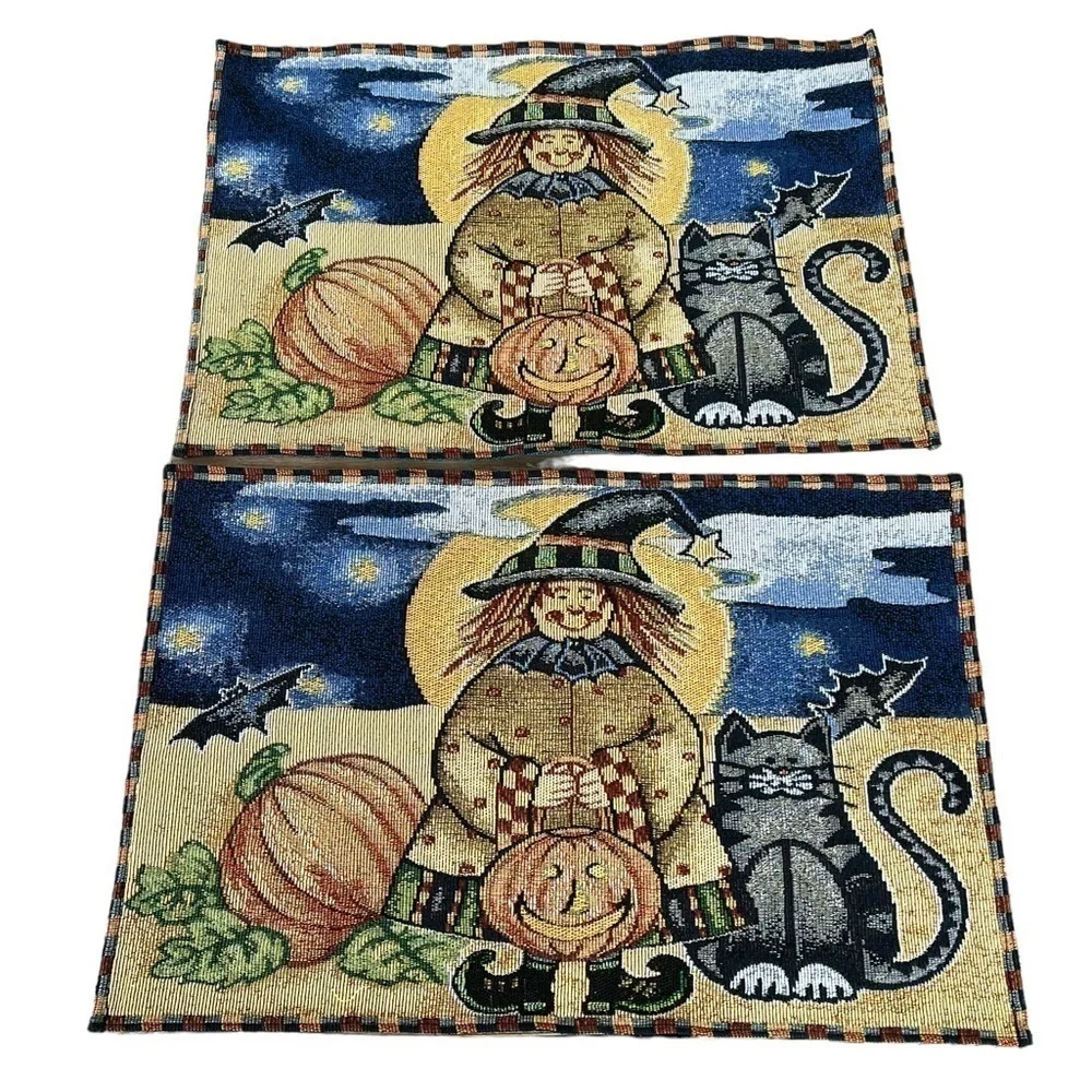 Vintage Halloween Scarecrow Cat Tapestry Placemat Set Pumpkins Cats Bats Stars